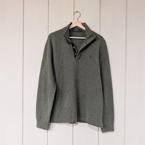 Polo Ralph Lauren Quarter Zip Pullover Elbow Patches Green Cotton Rugby Henley‎